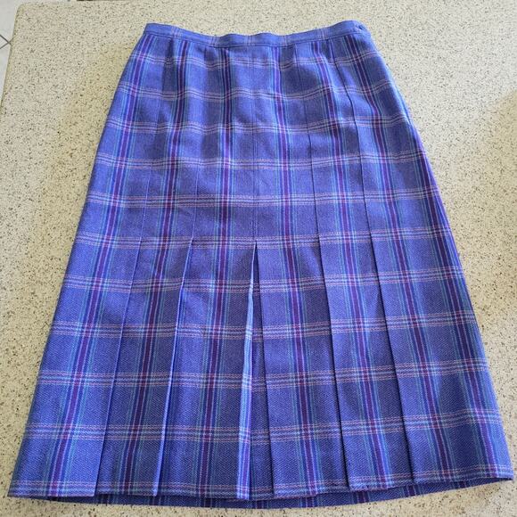 Vintage Pendleton Virgin Wool A-Line Plaid Pleated Midi Skirt Blue Purple✨️14 - Picture 1 of 14